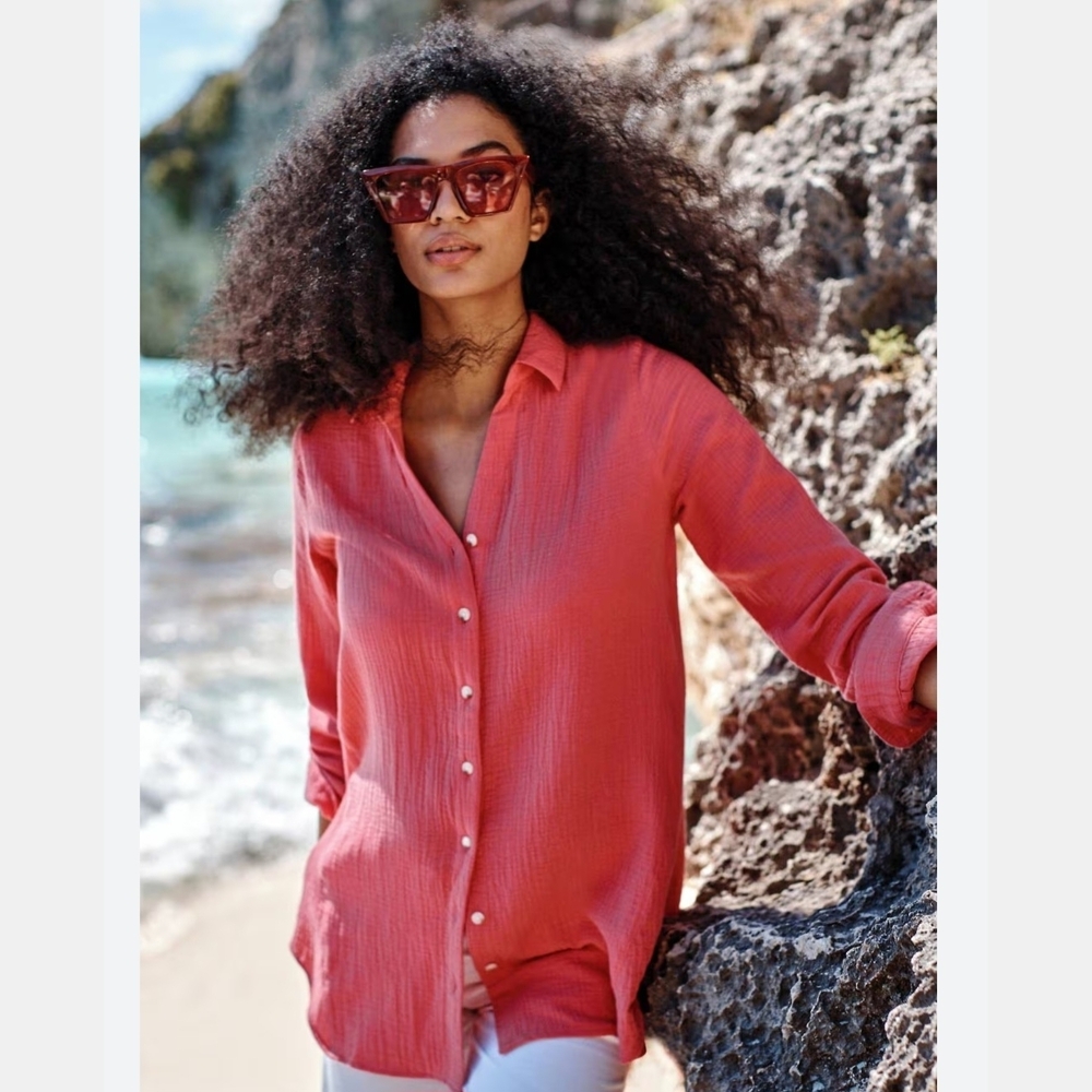 J Jill Cotton Gauze Button-Down Tunic Lightweight Relaxed Medium Resortwear